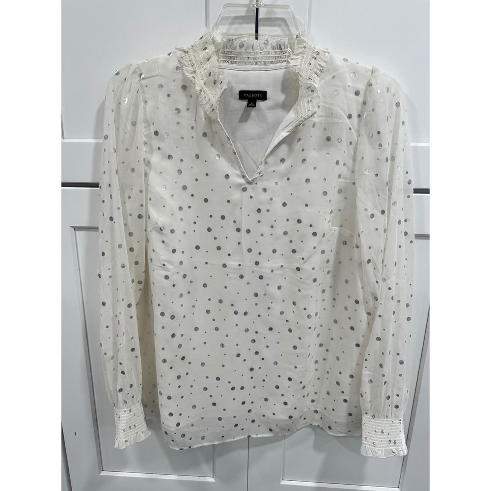 Talbots White Silver Polka Dot Ruffle Neck Blouse‎ Top Womens Size S